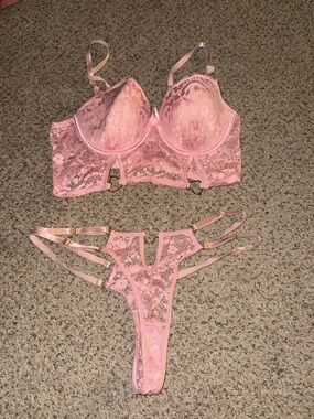 Lace Longline Underwire Bra and Strappy Thong Set - Pink